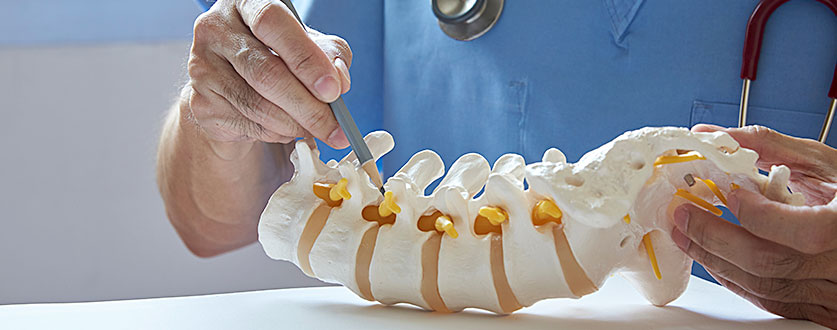 A spinal surgeon wearing blue scrubs points out a region on a model of the human spine.